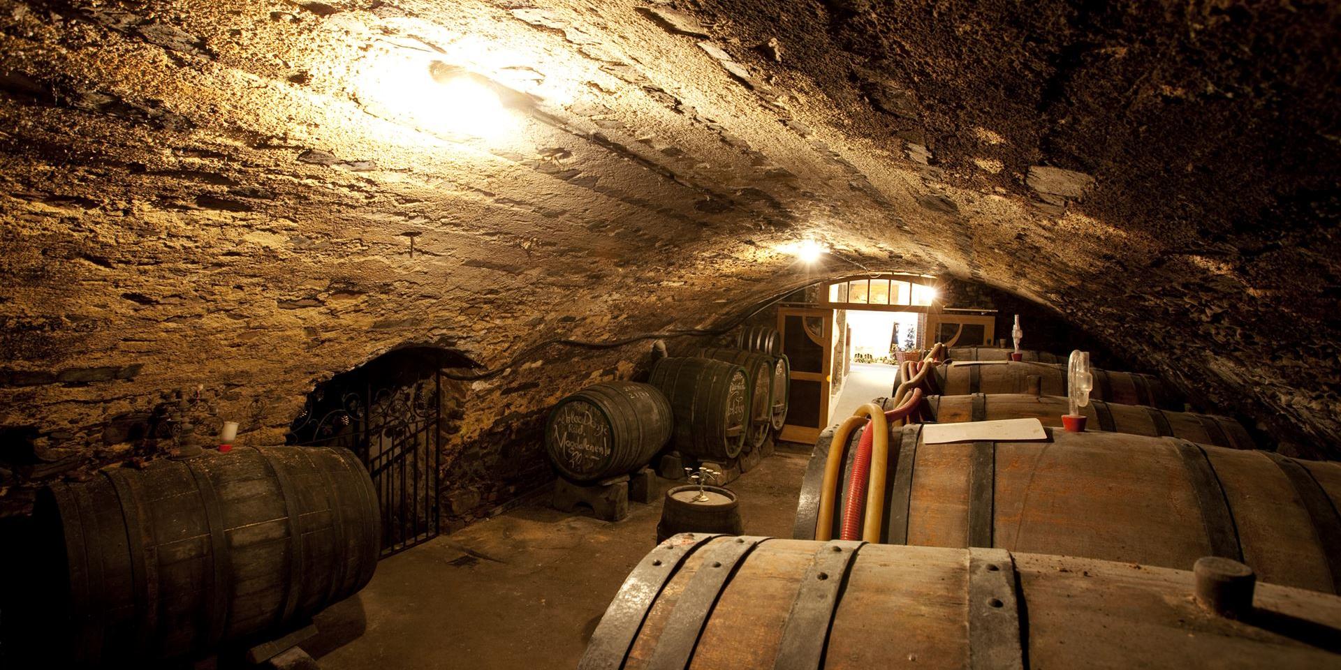 Gewolbeweinkeller mit alten Holzfässern
